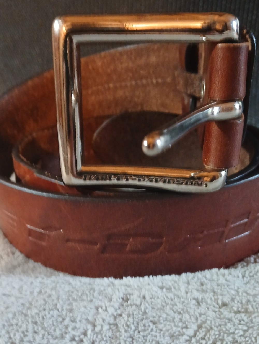 Vintage Harley-Davidson Brown Leather Belt w/Silver Buckle and Embossed Detail